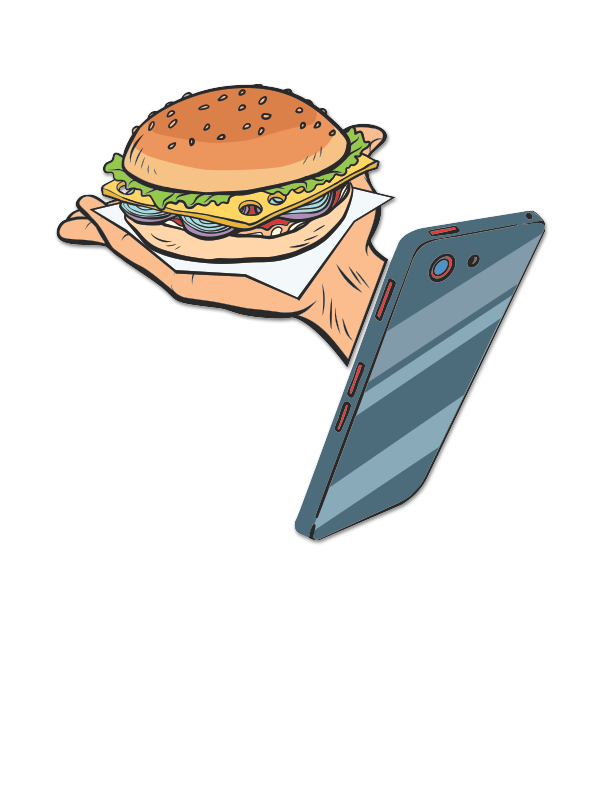 Cell phone with hand coming out showing tempting cheeseburger delivered through social marketing.